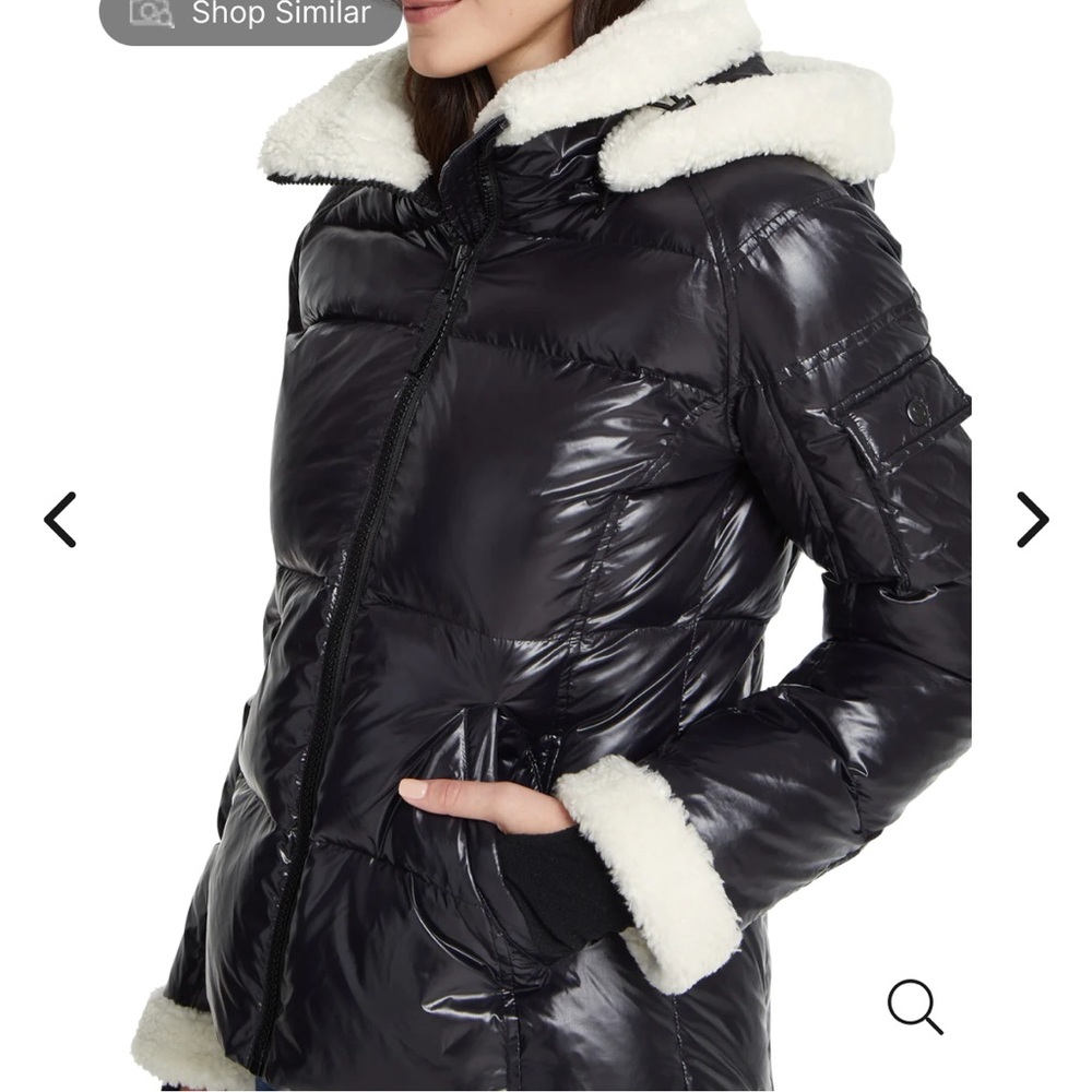 S13 Black faux fur Sherpa trimmed Callie puffer EUC